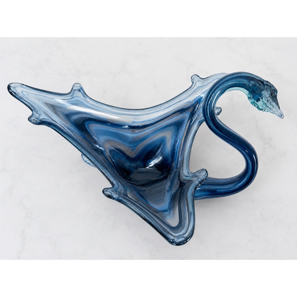 Vintage Murano Style Blue Swirl Art Glass Swan Bowl Centerpiece Dish flaw